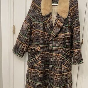 Plaid Double-Breasted Women's wool Coat with Faux Fur Collar